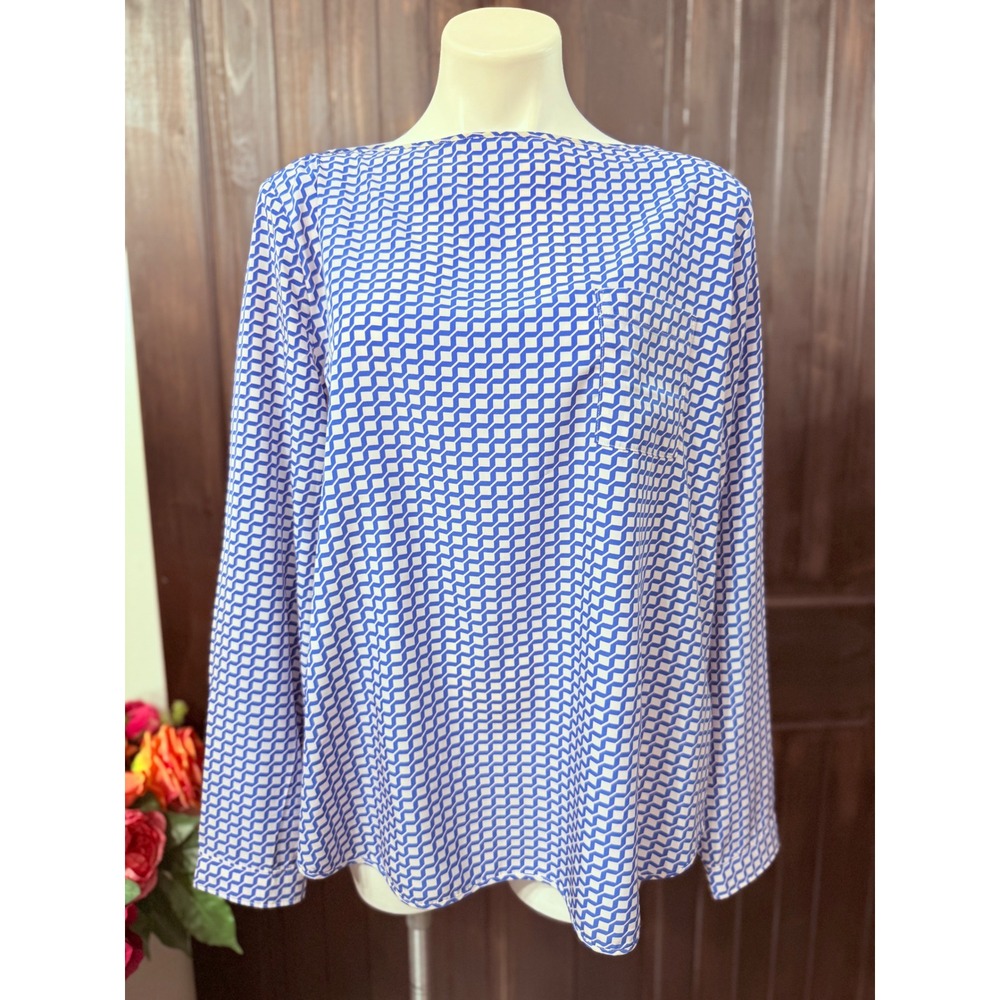 Gap Womens Blue White Geometric Print Boat Neck Long Sleeve Blouse XL Pocket
